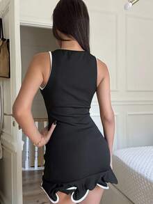 Ronhire Vestido de moda minivestido sin mangas con cuello redondo y dobladillo con volantes para mujer - Negro - Ver 2