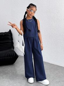 Tween Girl Casual Washed Backless Tie Denim Vest And Jeans Set, Girls Jean Two Piece Set, Kids Denim Outfit, Tween Girls, Teen Girls, Baby Blue, Girls Denim Two Piece Set, Two Piece Denim Set Girls, Teen Girl 2 Piece Set - Dark Wash - View 2