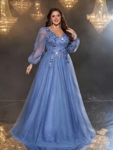 Glamrae 加大码优雅浪漫奢华灰蓝色 V 领灯笼袖串珠花卉贴花网眼长裙，适合晚会、约会、度假、音乐节、毕业典礼、婚礼活动（重磅装饰） - 藍色 - 查看 3