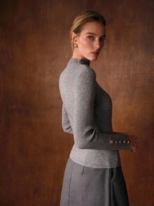 MOTF PREMIUM FUNNEL NECK SLIM FIT BUTTON DECOR SWEATER - Grey - View 4