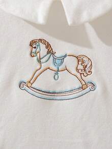 Souflis Souflis Autumn/Winter Baby/Baby Boy2-Piece Set, Double-Sided Fleece Soft Fabric, Collar Embroidered Horse T-Shirt + Pants, Casual Minimalist Everyday Wear Fall - White - View 8