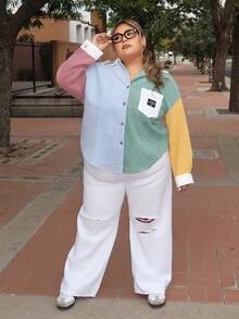 Enliva Jeans boyfriend déchiré casual avec boutons frontaux et poches, couleur unie, grande taille