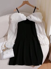 青少年女孩抓褶套裝，聖誕節、萬聖節黑色洋裝，冬季服飾，冬季套裝，青少年女孩冬裝，秋季服飾 - 黑與白 - 查看 3