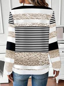 EMERY ROSE Women's Fashion Sweatshirt, Round Neck, Long Sleeve, Half-Zip, Contrast Ribbed Collar, Cuffs And Hem, Asymmetrical Striped Print, Grey Fall Cloth For Women