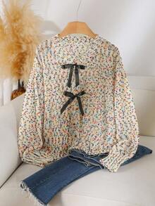 CosyJoli Damen Große Größen bunter Blumen Chiffon Strickjacke, lässige vielseitige Herbst/Winter Konfetti Pullover Mehrfarbiger Pullover Damen Strickpullover Süßer Pullover mit Schleife Mehrfarbiger Pullover - Verschiedenfarbig - Übersicht 1
