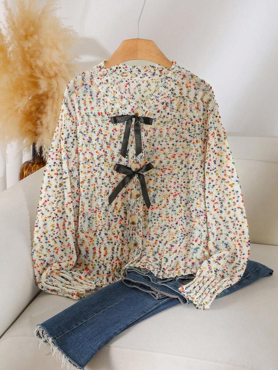 CosyJoli Damen Große Größen bunter Blumen Chiffon Strickjacke, lässige vielseitige Herbst/Winter Konfetti Pullover Mehrfarbiger Pullover Damen Strickpullover Süßer Pullover mit Schleife Mehrfarbiger Pullover - Verschiedenfarbig - Übersicht 1