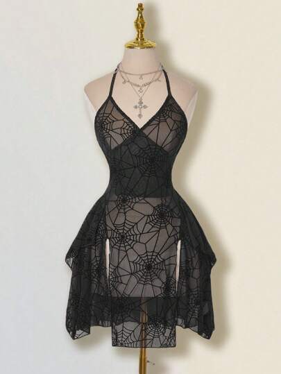 SHEIN ICON Women's Halloween Spider Web Flocked Mesh Sheer Asymmetrical Hem Halter Mini Dress,Party Dresses For Women