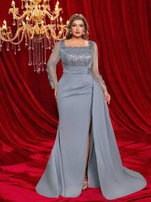 Glamrae Plus Size Champagne Gold Elegant Gold & Silver Thread Luxury Embroidered Patchwork Blue 3D Handmade Decorative Pleated Shawl For Evening Gown - Dusty Blue - View 3