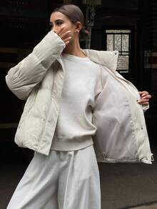 女士纹理面料宽松休闲外套，街头风格棉服外套夹克冬季 - 米色 - 查看 3