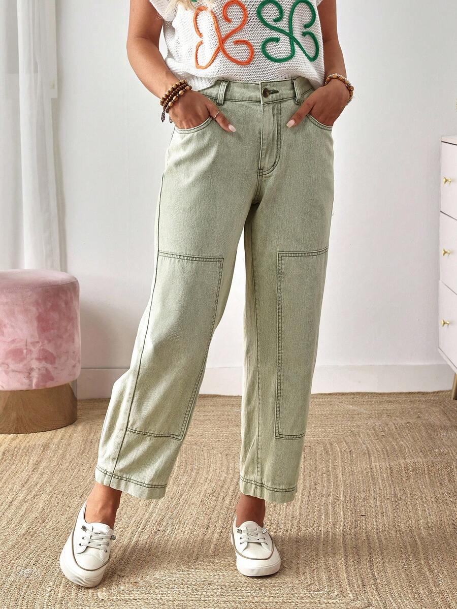 EMERY ROSE Quần jean ống đứng có khóa kéo túi đơn giản, phù hợp mặc hàng ngày - xanh quân đội - Xem 1