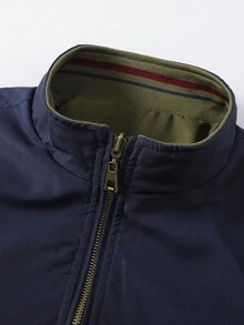 Manfinity Homme Herren Langarm Lässig Stehkragen Reißverschluss Windjacke für Outdoor mit schrägen Taschen, umkehrbar, marineblau, Fliegerjacke, umkehrbare Jacke, leichte Jacke, Herbst