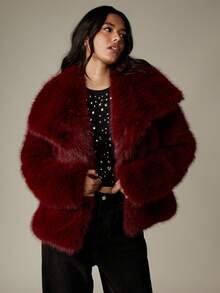 MISSGUIDED 奢华人造毛皮冬季大衣毛绒派对外套个性晚礼服夹克勃艮第酒红色优雅假日时尚中长款迷人场合穿着 - 酒紅色 - 查看 5