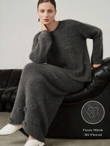 Uhlyne - Damen Frühling, Herbst, Winter Minimalistischer Vintage High-End Eleganter Pendler Lässig Old Money Stil Täglicher Feiertag Flauschiger Fake-Nerz 3D Blume Neutrale Farbe Rundhals Pullover kombiniert mit geradem Midi-Rock, Damen 2 Stücke Pullover Set, Grau