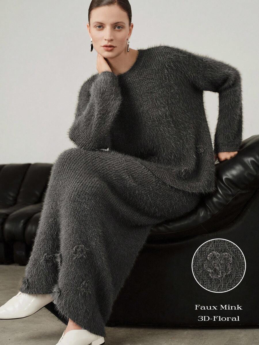 Uhlyne - Damen Frühling, Herbst, Winter Minimalistischer Vintage High-End Eleganter Pendler Lässig Old Money Stil Täglicher Feiertag Flauschiger Fake-Nerz 3D Blume Neutrale Farbe Rundhals Pullover kombiniert mit geradem Midi-Rock, Damen 2 Stücke Pullover Set, Grau