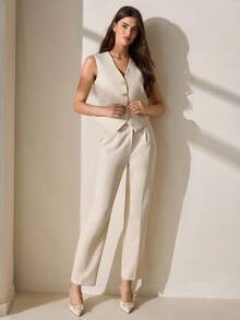 CLARA VERO Bộ vest không tay thiết kế vừa vặn, năng động, sang trọng, hoàn hảo cho phong cách công sở và sau giờ làm việc - Màu be - Xem 4