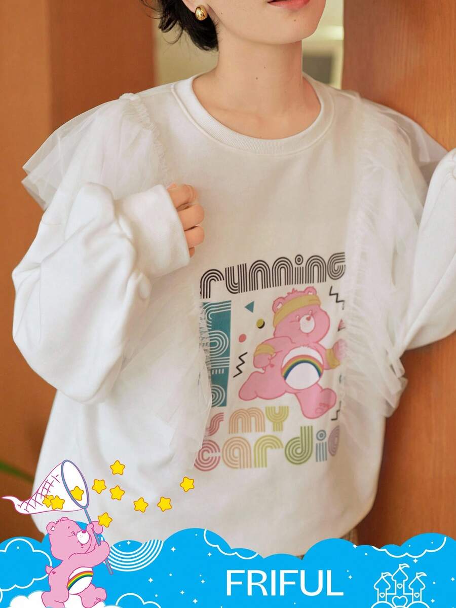FRIFUL SHEIN X Care Bears 女士圆领撞色网眼拼接宽松卡通图案前长袖休闲T恤 - 白色 - 查看 1