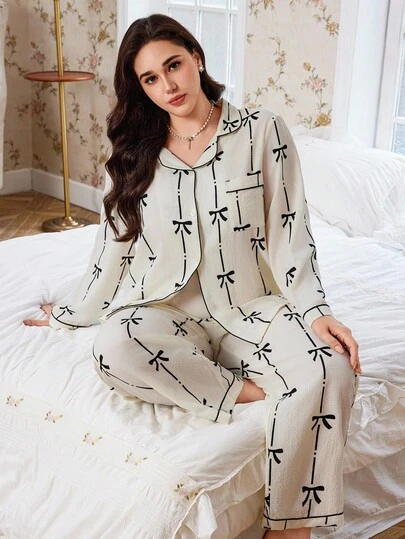 CottageSlumber Bow Print Open Front Lapel Long Sleeve Pajama Set, Plus Size Curve Pajamas Set Plus Size Sleepwear Set Curve Sleepwear Plus Size Pajamas Set Women Plus Sleepwear  Cozy And Elegant Details, Fall Clothes