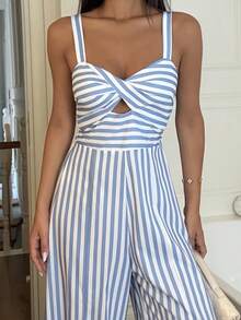 Ronhire Bộ đồ liền thân không tay sọc xanh trắng dành cho nữ - Màu xanh lam - Xem 3