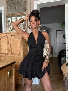 Ronhire Black Knit & Woven Patchwork V-Neck Ruffle Backless Mini Dress With Ruched Waist, Simple & Elegant For Vacation Casual Daily Wear, Spring/Summer For Women