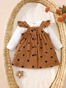 SHEIN Set di 2 pezzi per neonata - Gonna a bretelle con motivo a cuori color cachi + body tinta unita, primavera/autunno - Cachi - Visualizzare 3