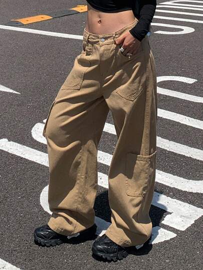 DAZY 女士时尚纯色宽松休闲口袋牛仔裤