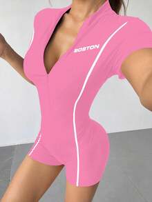 SHEIN Unity Women's Fashionable Contrast Color Zipper Half-Zip Short Sleeve Bodysuit, Summer - Hot Pink - View 3