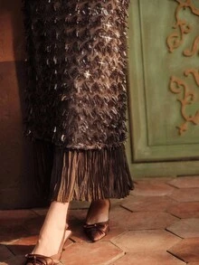 Anewsta Váy suông suông họa tiết tua rua tai lúa mì viền kim sa eo xếp ly thẳng - Cà phê nâu - Xem 7