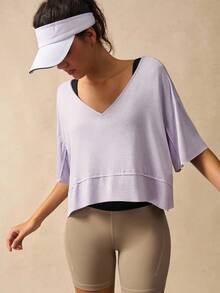 VARSIVA Camiseta deportiva casual para mujer con cuello en V, ajuste holgado y hombros caídos - Morado - Ver 5