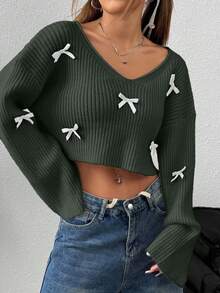 EURMUSE Women's Casual Cute V-Neck Dropped Shoulder Loose 3D Bow Decor Cropped Pullover Sweater, Autumn/Winter - Army Green - View 6