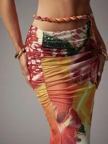 Hauture Women Fitted Mesh Fruit Floral Print Maxi Skirt With Braid Detail Boho Ibiza Cute Sexy Vacation