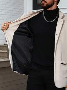 Manfinity Homme Men Casual Patch Pocket Stand Collar Beige Overcoat, Fall/Winter - Beige - View 6