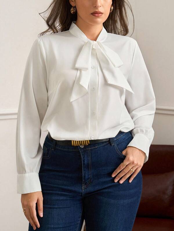 Chikora Plus Size Elegant Solid Color Tie Collar Bodysuit For Commuting  White Blouse Tie Front Blouse Bow Shirt White Long Sleeve Blouse Blouse For Work Winter Clothes  Autumn  Halloween Christmas New Year   Thanksgiving Elegant