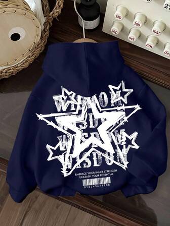 Slaydiva Casual Star & Letter Pattern Hooded Long Sleeve Thick Loose Fit Sweatshirt For Women, Suitable For Autumn/Winter Hoodies Vintage Hoodies Wisdom Hoodies Star Y2k Hoodies,Fall