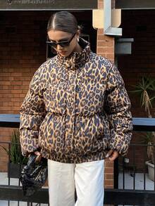 DAZY Leopard Print Padded Coat, Warm & Thick For Women, Autumn/Winter Jacket - Khaki - View 11