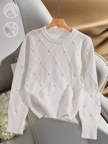 EMERY ROSE Rhombus Pattern Beaded Round Neck Long Sleeve Pullover Sweater Fall Winter Cloth For Women - White - View 1