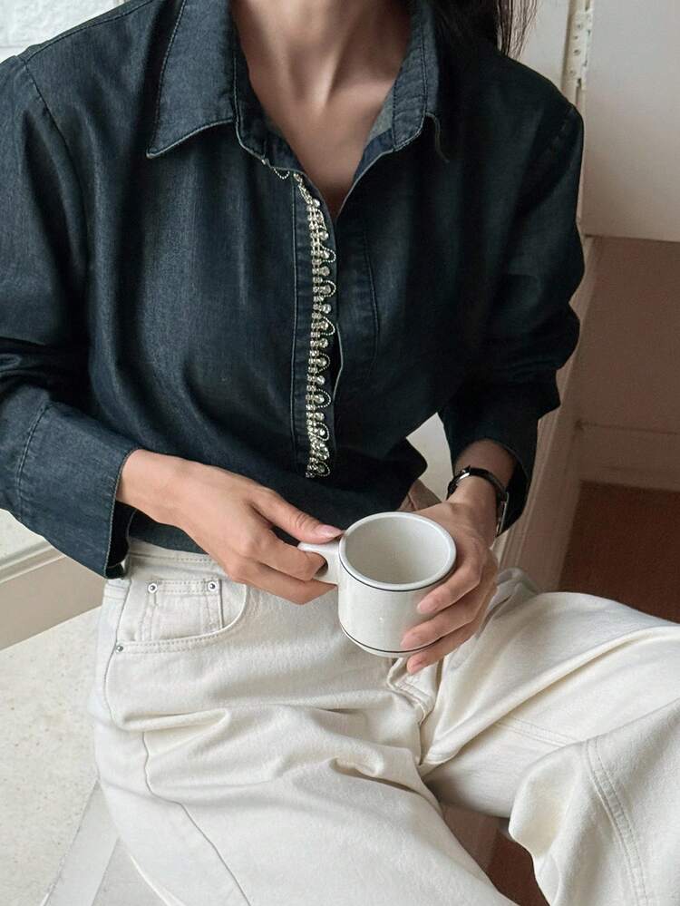 Women's Half-Zip Rhinestone Decor Pullover Casual Denim Top, Elegant Streetwear Long Sleeve Women