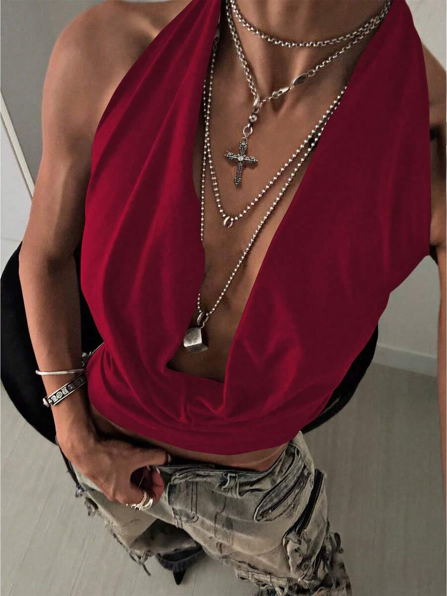 StreetHx Women's Coffee Brown Music Festival Cowl Neck Streetwear Beach Vacation Sexy Camisole