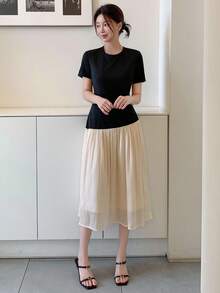 DAZY 女士撞色圆领中长连衣裙 夏季女装连衣裙 - 黑色 - 查看 8