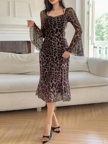 DAZY 优雅豹纹单肩喇叭袖连衣裙，女士秋季连衣裙 - 咖啡棕 - 查看 3