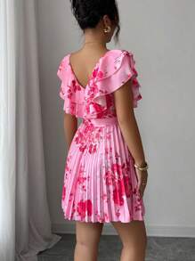 Elenzga Ruffled V-Neck Cinched Waist A-Line Floral Print Vacation Elegant Romantic Dress For Women