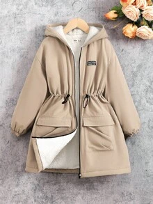 SHEIN Chaqueta de forro polar de longitud media holgada con capucha, bolsillos con cordón ajustable, estilo militar casual, para ir y venir y actividades al aire libre, abrigo parka, vuelta al colegio, abrigo de invierno para niñas, chaqueta forrada térmica para niñas, chaqueta para niñas, chaqueta con capucha para niñas, abrigo parka para niñas en otoño - Caqui - Ver 7