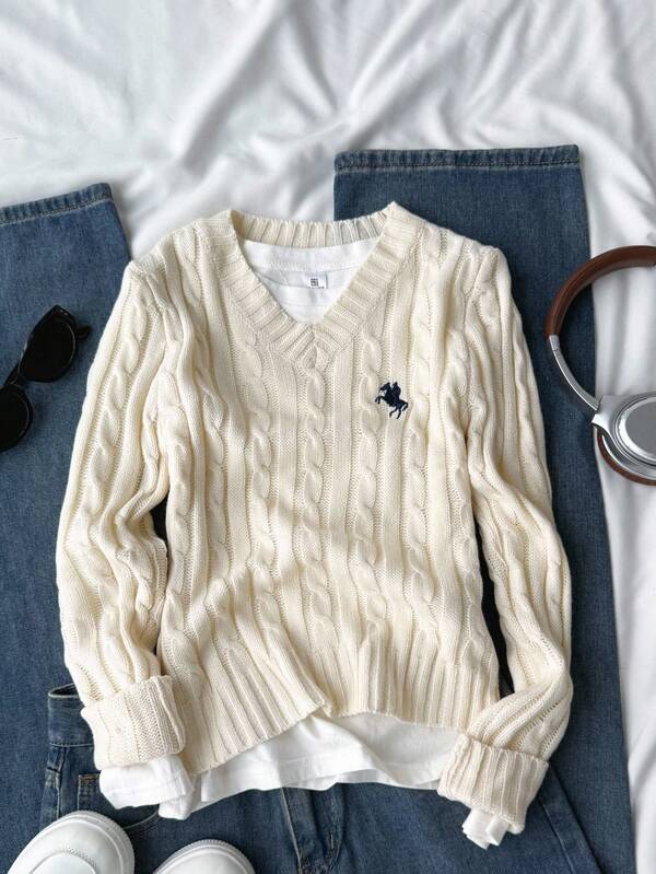 SHEIN Tween-Mädchen Lässiger Pullover mit V-Ausschnitt und langen Ärmeln und Ritter-Grafik