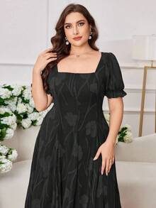 Modelyn 优雅雪纺提花方领短袖A字大码连衣裙，春夏 - 黑色 - 查看 6