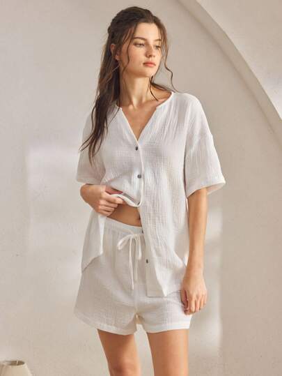 Ocili 女士棉质休闲开衫和短裤睡衣套装