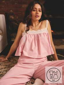 Aralina 女士刺绣褶饰吊带背心和睡裤套装 - 粉色 - 查看 1