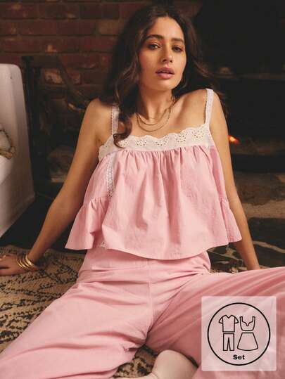 Aralina 女士刺绣褶饰吊带背心和睡裤套装