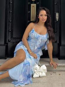 NegzBox Women's Floral Print Ruffled V-Neck Bodycon Long Dress, Romantic For Vacation And Date, Spring/Summer,Bohemian Clothes,Bodycon Dress - Blue - View 4