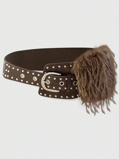 Grunge Punk 1pc Women's Brown & Silver Rivet Eyelet Feather Decor Western/Boho Style Belt, Versatile Accessory For Dresses, Jeans, Daily Wear