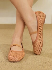 Styleloop Brown Woven Mesh Comfortable Minimalist Breathable Elegant Slingback Flat Sandals, Suitable For Summer Vacation And Boho Style - Brown - View 2