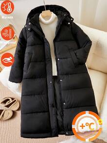 Sparklyn 女童羽绒服，休闲学院风，长袖长款带口袋连帽加厚外套，适合秋冬季外出穿着，可搭配裤子、运动裤、连衣裙、连帽衫、T恤、毛衣等。 - 黑色 - 查看 1